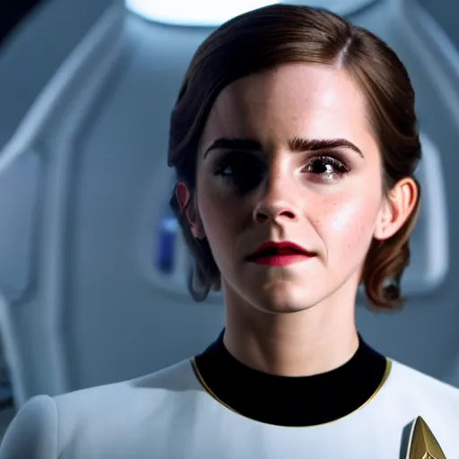 Prompt: Emma Watson in Star Trek, XF IQ4, f/1.4, ISO 200, 1/160s, 8K, Sense of Depth, RAW, Dolby Vision, symmetrical balance, in-frame