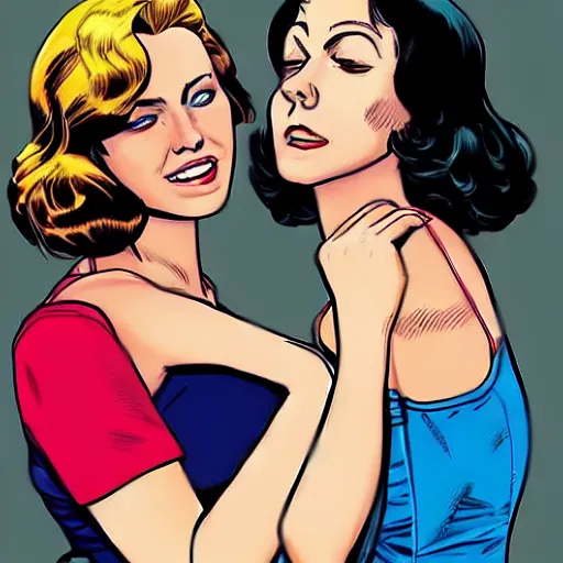 Image similar to a beautiful realistic portrait of Betty and Veronica by Brian Bolland, trending on ArtStation
