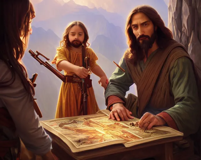 Image similar to photography of jesus christ teaching a child how to use a ak 4 7, d & d, fantasy, intricate, elegant, highly detailed, digital painting, artstation, concept art, matte, sharp focus, illustration, hearthstone, art by artgerm and greg rutkowski and alphonse mucha