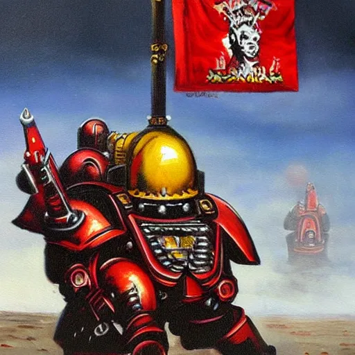 Image similar to a painting of red spacemarines from Warhammer 40000 by Banksy