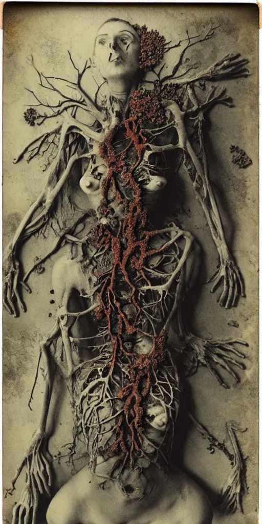 Prompt: an 1 9 1 0 polaroid photography of a very sad and detailed rotten woman corpse with fractal coral reefs and ornate growing all around, muscles, veins, arteries, anatomical, eye, ears, full body, intricate, surreal, ray caesar, john constable, guy denning, dan hillier, black and white