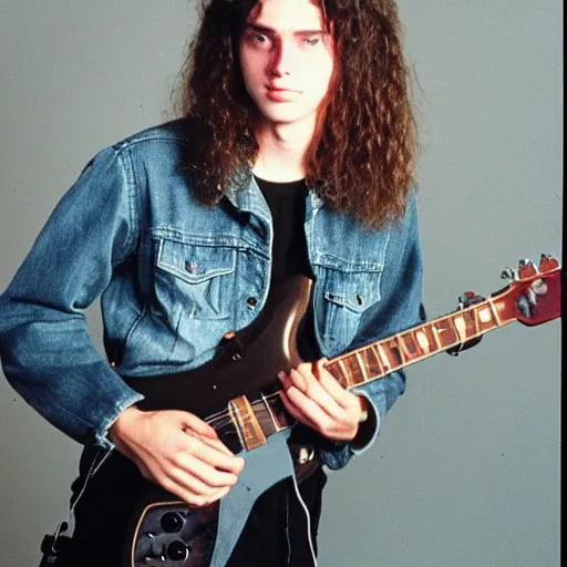 Image similar to 19-year-old boy with long permed wavy brown hair, leather jacket and denim jeans, holding electric guitar, 1984, punk rock, doom metal, grunge, Saint Vitus, Black Flag super 8mm film