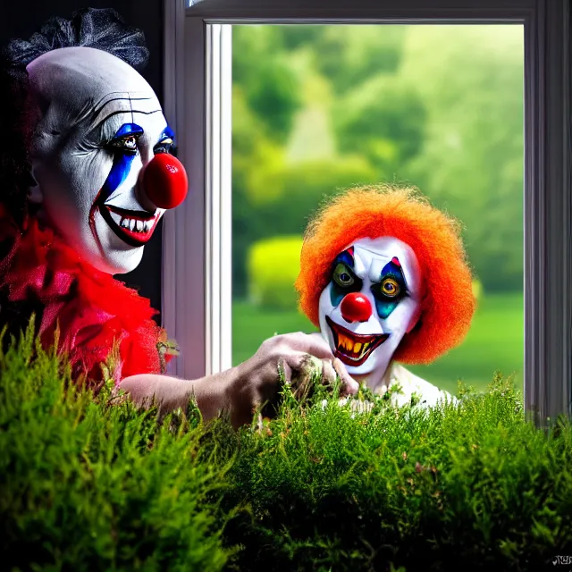 Image similar to looking at a scary clown in the garden from the window, highly detailed, 8 k, hdr, smooth, sharp focus, high resolution, award - winning photo