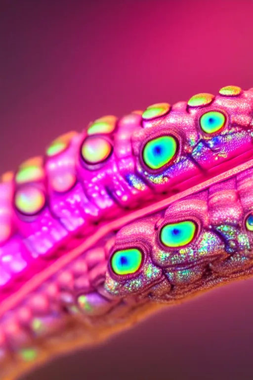 Image similar to high quality macro photo iridescent cyborg caterpillar! cute highly detailed david ligare elson peter cinematic pink lighting high quality low angle hd 8k sharp shallow depth of field