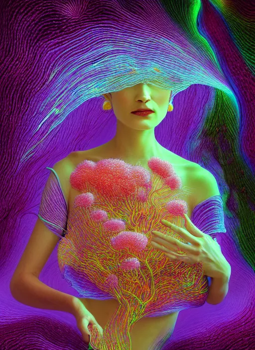 Image similar to hyper detailed 3d render like a Oil painting - Aurora (Singer) seen Eating of the Strangling network of yellowcake aerochrome and milky Fruit and Her delicate Hands hold of gossamer polyp blossoms bring iridescent fungal flowers whose spores black the foolish stars by Jacek Yerka, Mariusz Lewandowski, Houdini algorithmic generative render, Abstract brush strokes, Masterpiece, Edward Hopper and James Gilleard, Zdzislaw Beksinski, Mark Ryden, Wolfgang Lettl, hints of Yayoi Kasuma, octane render, 8k