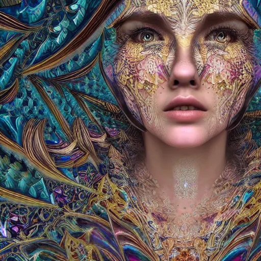 Image similar to wonderful princess of fractals and patterns, beautiful face, hyper detailed, background intricate and detailed, ornate 8 k gorgeous intricate detailed, octane render, psychedelic