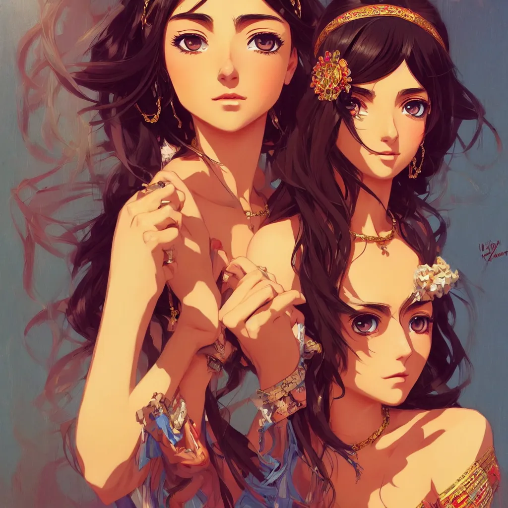 Image similar to a comic full body portrait of an gypsy girl, fine - face, realistic shaded perfect face, fine details, jewelry, night setting. very anime style. realistic shaded lighting poster by ilya kuvshinov katsuhiro, magali villeneuve, artgerm, jeremy lipkin and michael garmash, rob rey and kentaro miura style, trending on art station