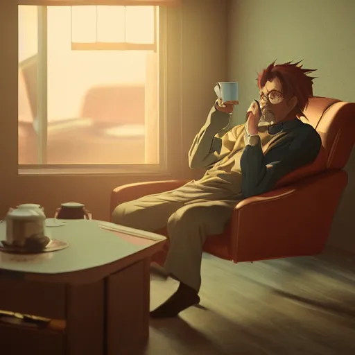 Prompt: nighttime, a beautiful anime walter white enjoying a cup of tea while sitting in a reclining chair, anime, extreme detail, photorealism, octane render, cinematic lighting