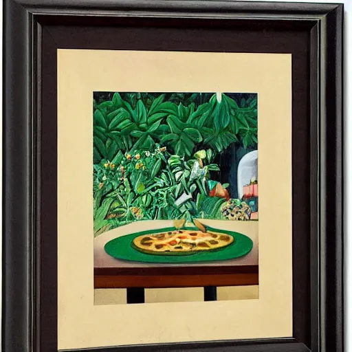 Image similar to A magaritha pizza on a marble table in a garden by Henri Rousseau