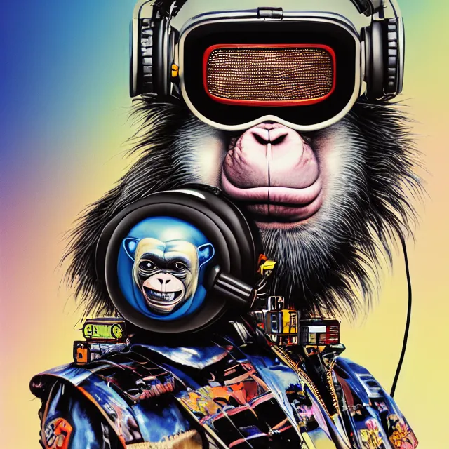 Image similar to a portrait of an anthropomorphic cyberpunk chimp in a motorcycle helmet by sandra chevrier, detailed render, tape deck, boombox, headphones, epic composition, cybernetics, 4 k realistic, cryengine, realistic shaded lighting, sharp focus, masterpiece, by matteo scalera, gary montalbano, peter elson in the style of the tokyo ghost comic