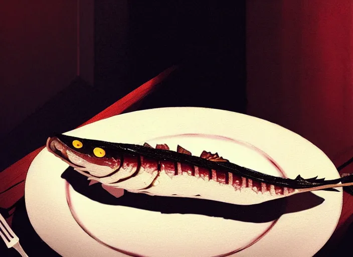 Image similar to a film still portrait of a plate with unagi grilled eel, finely detailed features, closeup at the food, perfect art, at a dinner table, gapmoe yandere grimdark, trending on pixiv fanbox, painted by greg rutkowski makoto shinkai takashi takeuchi studio ghibli, akihiko yoshida