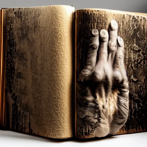 Image similar to high quality studio photography of frightening book with monster hands emerging, horror texture background