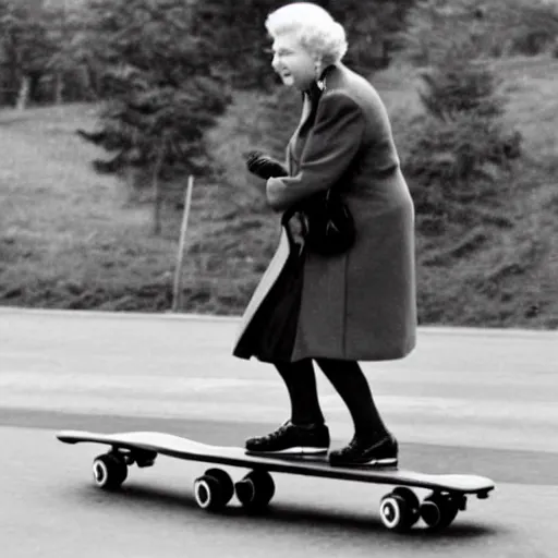 Prompt: queen elizabeth riding a skateboard