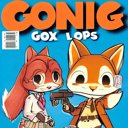 Prompt: 7 0's comic magazine cover, maple story and zootopia, maple story gun girl, fox from league of legends chibi, soft shade, soft lighting