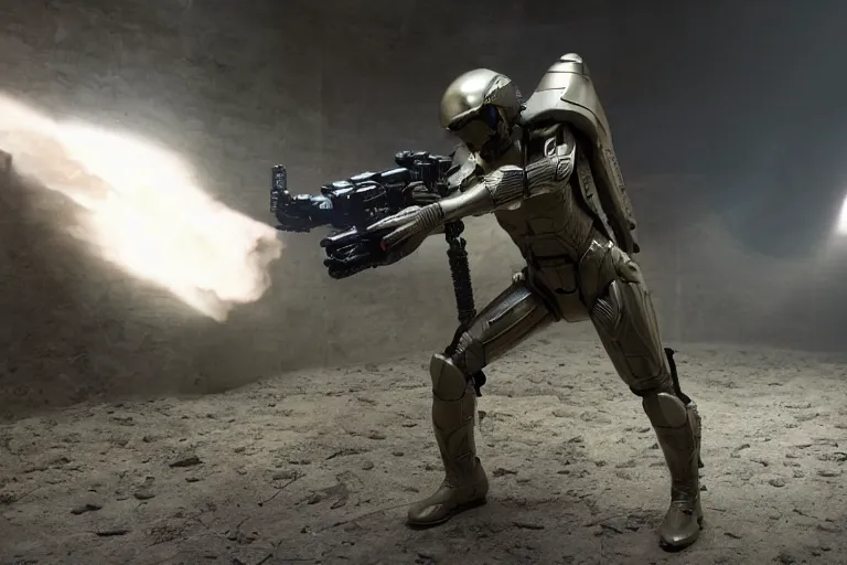 Image similar to vfx movie, sci - fi super soldier in worn military futuristic armor, gold visor, leaping with futuristic rifle in alien technology temple, by emmanuel lubezki