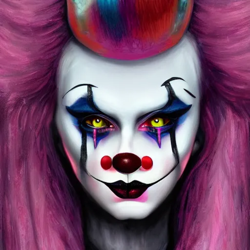 Prompt: goth clown girl, painting, highly detailed, artstation, colorful, beautiful