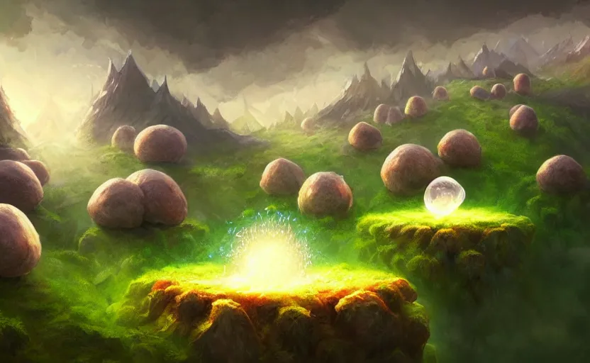 Image similar to magic : the gathering fantasy concept art of excited riceballs with excited expressions bouncing down a mountain path, by marco bucci, high resolution, the riceballs are bouncing up and down and leaving a trail of rice seeds behind them, fantasy coloring, intricate, digital painting, artstation, smooth, sharp focus