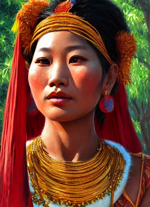 Image similar to portrait of a beautiful female mon ethnic burma, closeup portrait, historical, ethnic group, traditional costume, elegant, loin cloth, highly detailed, oil painting, artstation, concept art, matte, sharp focus, illustration, hearthstone, art by earl norem