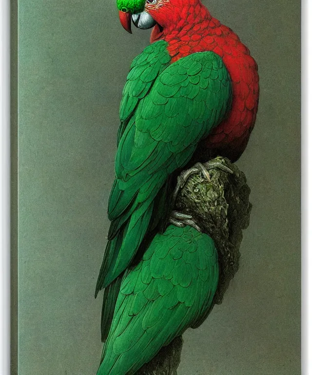 Image similar to beautiful emerald green parrot with red aura and eyes, by zdzisław beksinski, by gustave dore