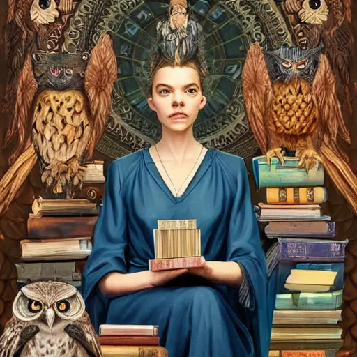 Prompt: a portrait of a older anya taylor - joy as the goddess minerva surrounded by stacks of books, owls, bioluminescent gown with deep level of detail of esoteric symbols, urban motifs, intricate, elegant, highly detailed, digital painting, trending on artstation, smooth sharp focus, illustration, art by artgerm and greg rutkowski