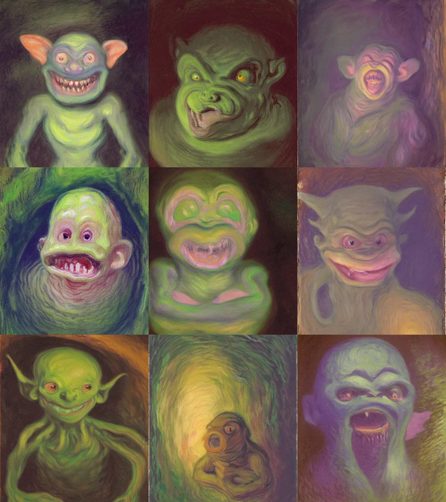 Prompt: portrait of a weird cute fleshy slimy goblin creature smiling warmly in a dark cave, torchlight, impressionist painting, claude monet, pale pastel colours, dreamy hazy