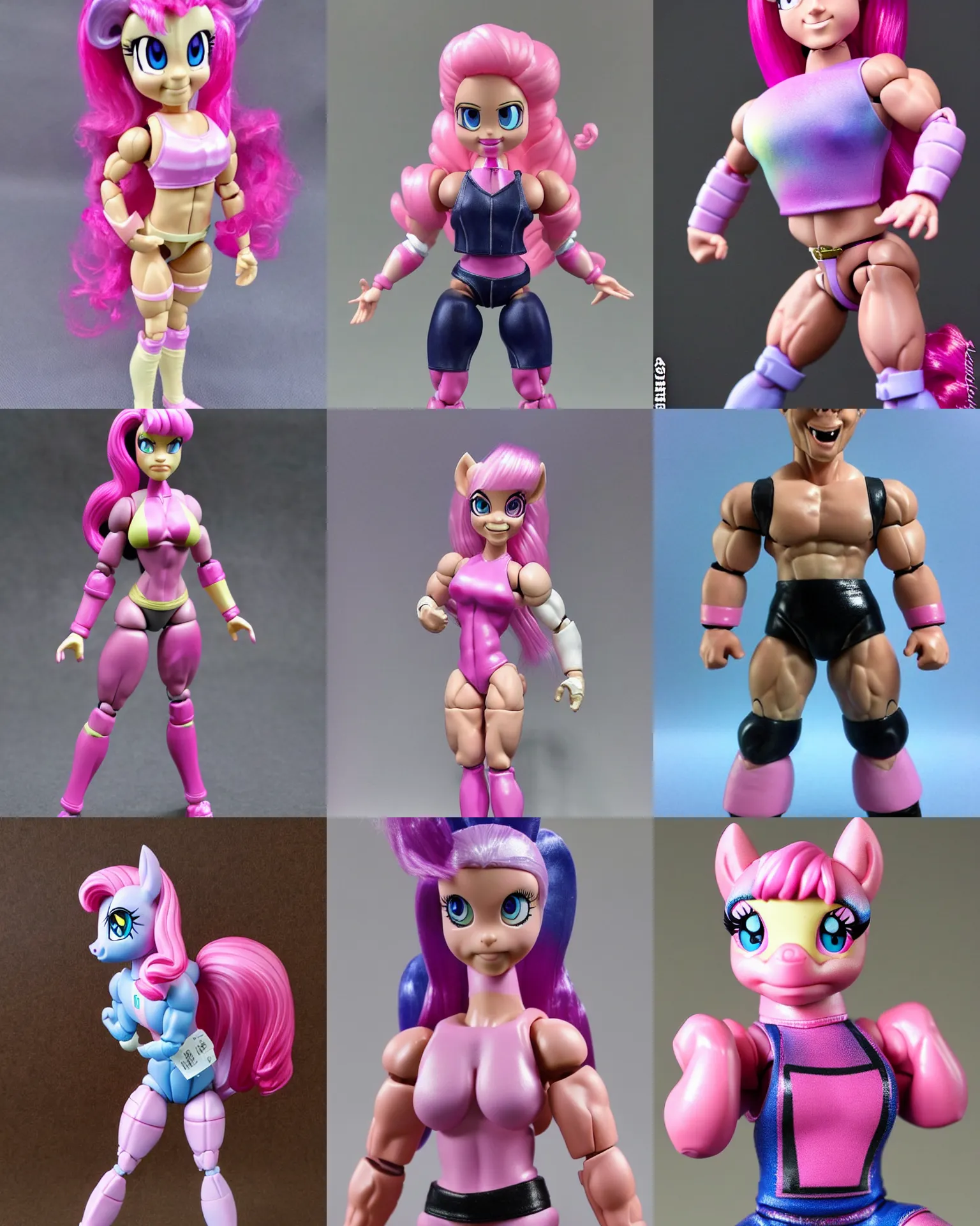 Prompt: pinky pie my little pony, neca!!! powerlifter oversized muscular very detailed realistic action figure by neca face close up full body in the style of neca, character by neca, film still, bokehs