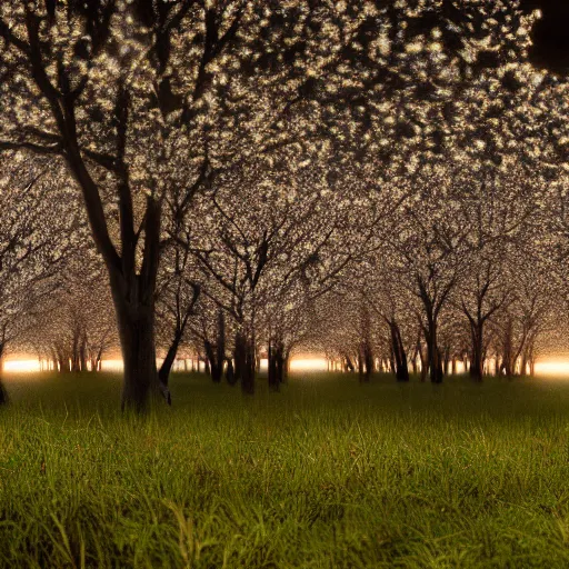 Prompt: is like a spring gale, come up in the night, blowing open the petals of ten thousand peartrees. cinematic, 3 5 mm lens, anamorphic lens flare, photographic, octane render, cinematography by roger deakins, in the style of ansel adams