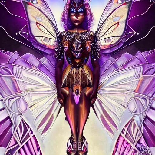 Image similar to closeup portrait of a beautiful art deco faerie queen, glowing eyes, moth wings with geometric patterns, reflective detailed textures, highly detailed dark fantasy science fiction painting, elaborate geometric ornament, ancient runes, silver and cool colors, extremely detailed, photorealistic, artstation