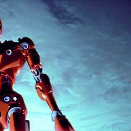 Image similar to movie still of a cyborg evangelion, cinematic composition, cinematic light, warm lighting criterion collection, by edgar wright and edgar allan poe