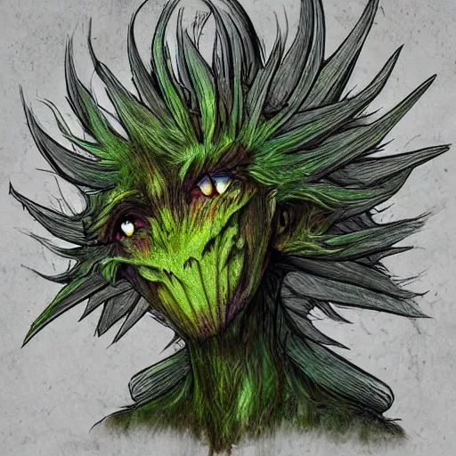 Image similar to A humanoid thistle monster, highly detailed, digital art, sharp focus, trending on art station, fern, anime art style