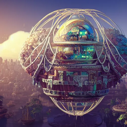 Image similar to enormous flying city in a faberge egg, sky, steampunk, fantasy art, masterpiece, unreal engine