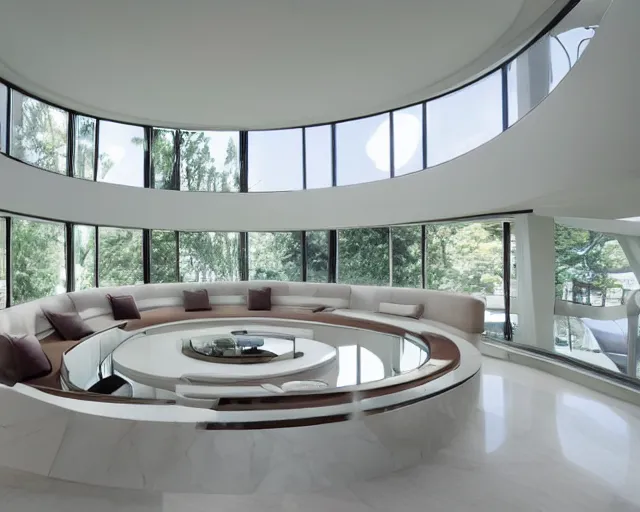 Prompt: A futuristic living room with floor to ceiling glass windows on the left and curved wooden stairs going upstairs on the right, two white sofas with a white marble table in the center of the living room, stairs to the second floor, 8k resolution, professional interior design photograph, wide angle photograph