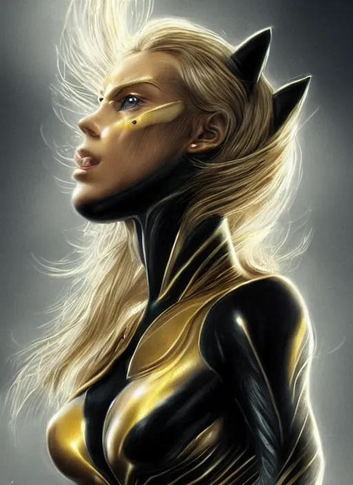 Image similar to golden pencil drawing of beautiful robot - cat woman face, goddess, beautiful blonde hair flying in the wind, hyper realistic face, in the style of greg rutkowski, fantasy, amazing detail, epic, elegant, smooth, sharp focus, from the front