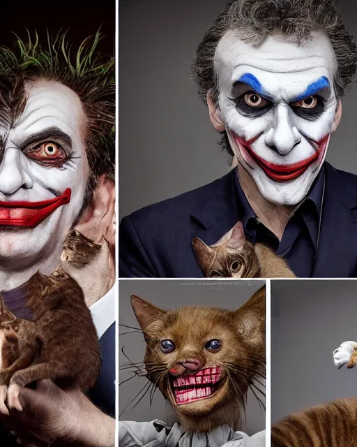 Prompt: Mauricio Macri in Elaborate Joker Makeup and prosthetics designed by Rick Baker, Hyperreal, Head Shots Photographed in the Style of Annie Leibovitz, Studio Lighting, Mauricio Macri throwing cats to the camera