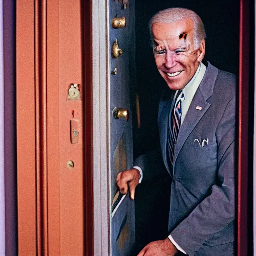 Prompt: A close-up portrait of Joe Biden manically looking through a broken door, film still from The Shining by Stanley Kubrick, Eastman Color Negative II 100T 5247/7247, ARRIFLEX 35 BL Camera