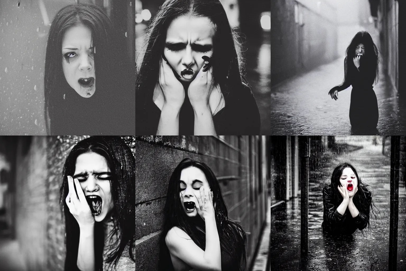 Prompt: cute female vampire crying in a rainy alley at night, black and white photograph, album cover