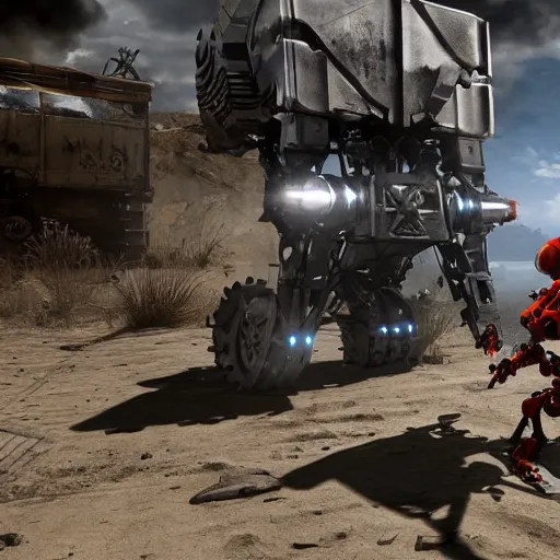 Image similar to xbox robot vs playstation robot, post apocalyptic, hd, unreal engine, cinematic