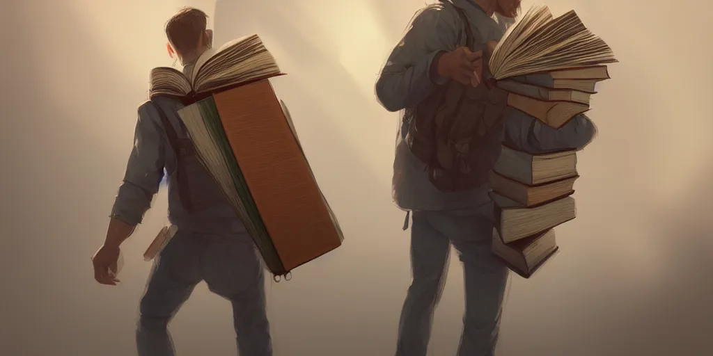 Prompt: an intricate concept art illustration, man holding a book going to school, trending in artstation, by wlop, hyper detailed, photorealistic, 8 k