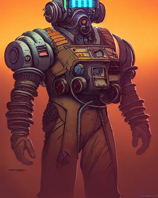 Image similar to torbjorn from overwatch, character portrait, portrait, close up, concept art, intricate details, highly detailed, vintage sci - fi poster, retro future, vintage sci - fi art, in the style of chris foss, rodger dean, moebius, michael whelan, and gustave dore