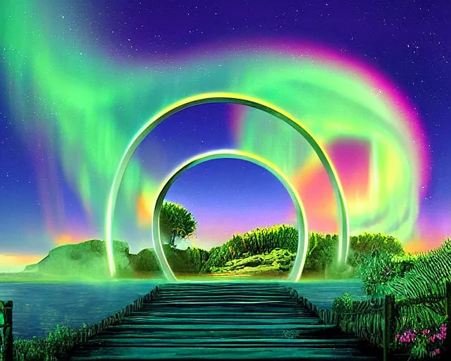 Image similar to Magical portal gate leading to breathtaking Paradise, with Aurora Borealis in the sky, by John Avon and René Magritte, digital art