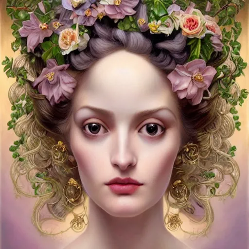 Image similar to dynamic composition, blonde woman with hair of spring flowers and vines wearing ornate earrings, ornate gilded details, pastel colors, a surrealist painting by tom bagshaw and jacek yerga and tamara de lempicka and jesse king, wiccan, pre - raphaelite, featured on cgsociety, pop surrealism, surrealist, dramatic lighting