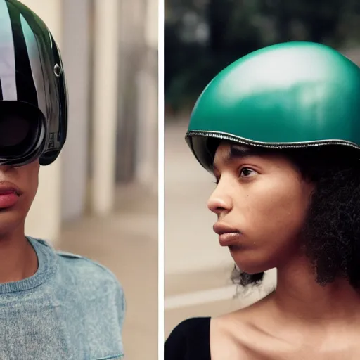 Image similar to realistic photoshooting for a new balenciaga lookbook, color film photography, close-up portrait of a beautiful woman, woman is wearing a motorcycle helmet, in style of Tyler Mitchell, 35mm,