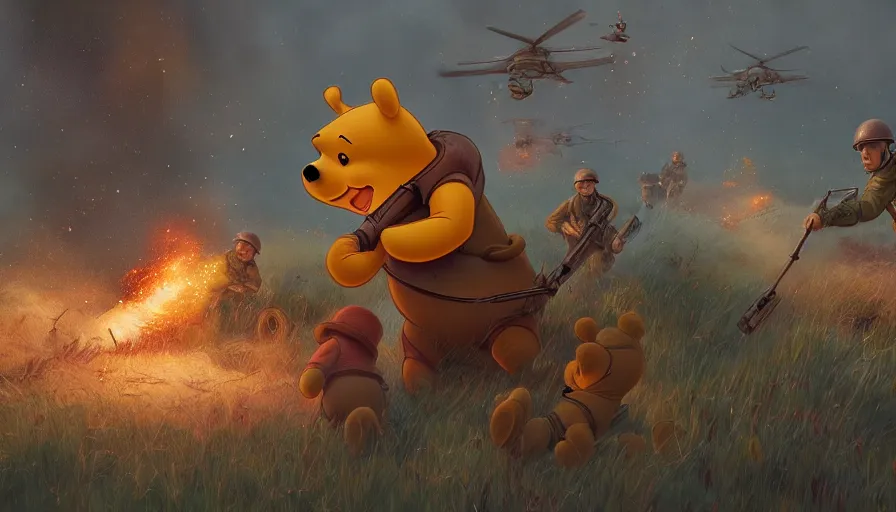 Prompt: 4 0's photos of winnie the pooh firing at german soldiers during d - day in normandy, hyperdetailed, artstation, cgsociety, 8 k