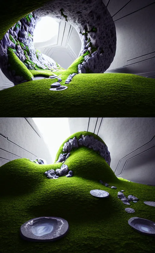 Image similar to highly detailed ultra sharp 3 d render villa cinematic composition of a smooth ceramic porcelain biomorphic magnolia stone nebula fluid fractal sci - fi surreal architecture landscape, granite, metallic, magnesium, marble, moss and lichen, vincent callebaut composition, mamou - mani, archviz, beautiful lighting, 8 k, unreal engine, hdr,