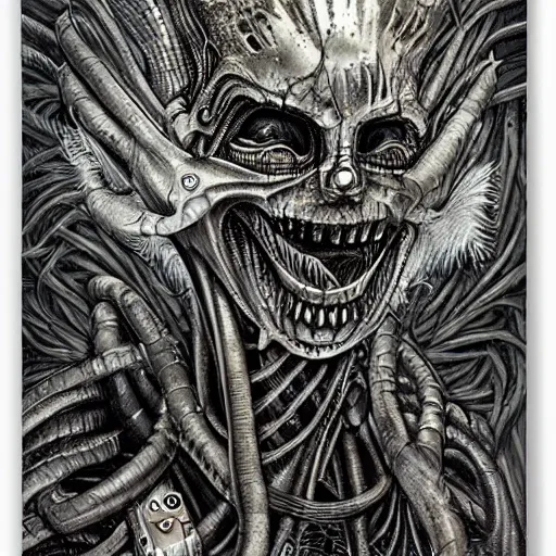 Image similar to gullum, style of h. r. giger, highly detailed, sharp, dark