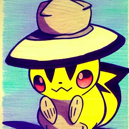 Image similar to Pichu Pokemon anime wearing a straw hat by Ken Sugimori, ink on paper, show-accurate