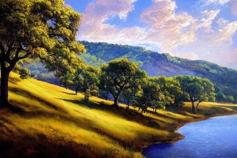 Prompt: masterpiece painting of oak trees on a hillside overlooking a creek, dramatic lighting, by marc davis