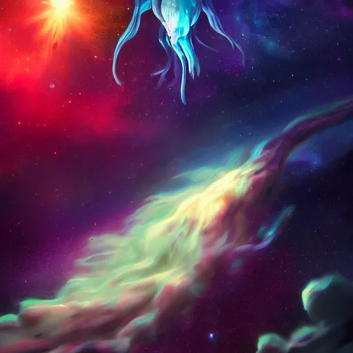 Image similar to gigantic eldritch creature floating in space with a nebula in the background, digital art, artstation, detailed, realistic