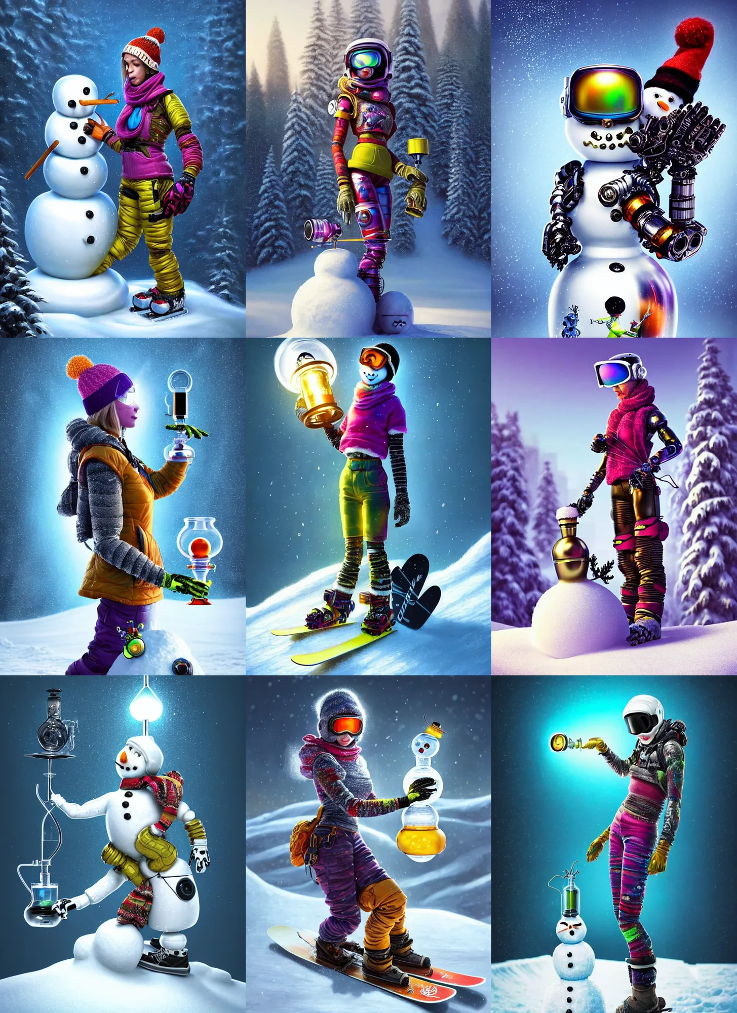 Prompt: bright polished lush masterpiece : : ornate ( snowboarder woman ) cyborg, smoking a : : snowman bong : : weta disney pixar movie still photo : : hi - fructose, sci fi, decadent highly - detailed digital painting, golden ratio, accent lighting, octane render, artstation, smooth, sharp focus, beeple, rutkowski, mucha : :