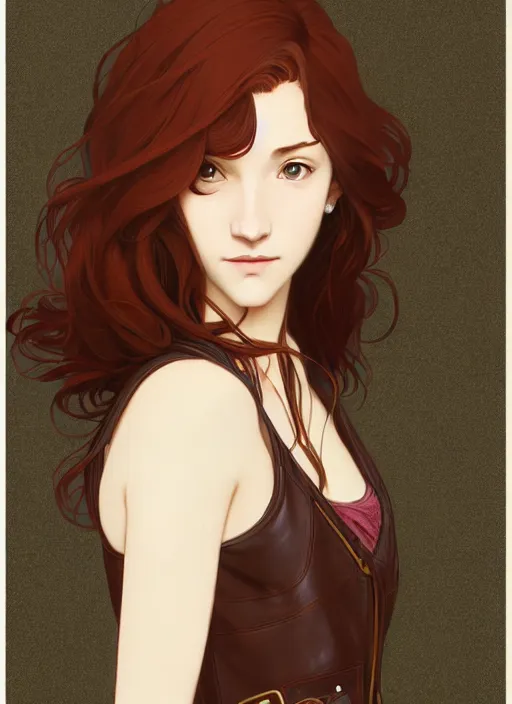 Image similar to pretty young woman with shoulder length dark red hair and wearing brown leather jacket, path traced, highly detailed, high quality, digital painting, by studio ghibli and alphonse mucha, leesha hannigan, makoto shinkai, disney